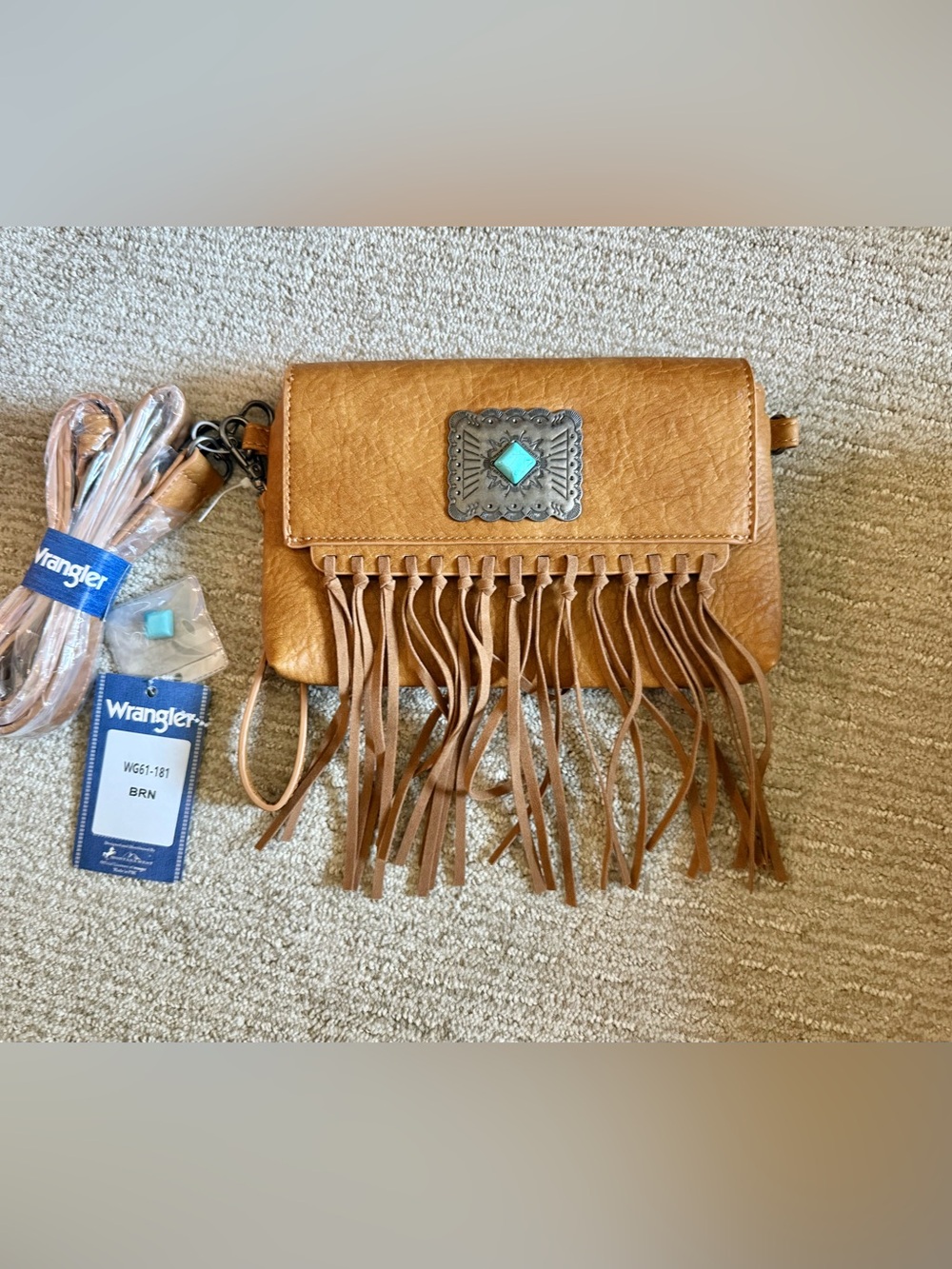 Wrangler NWT Tan Fringe Wristlet with Turquoise Accent